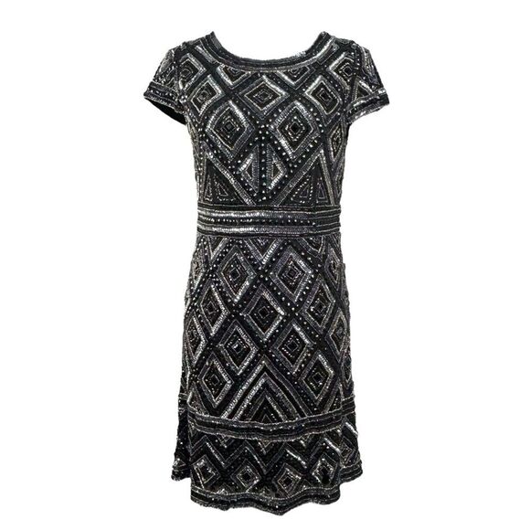 Adrianna Papell Beaded Mesh Sheath Dress Black Silver Sequin Art Deco Mod Mini - Picture 4 of 15